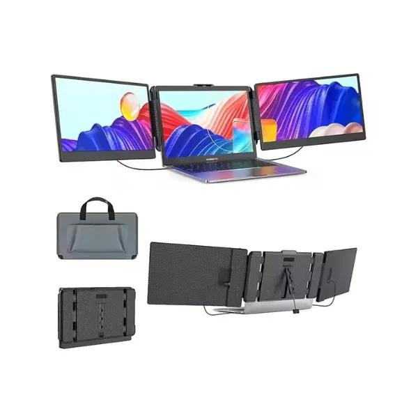 Tri-Screen Portable Foldable Dual Monitor with Double Wire | Triple Monitor Compatible with Windows & MAC OS | Laptop Screen Extender (14.0 Inch)