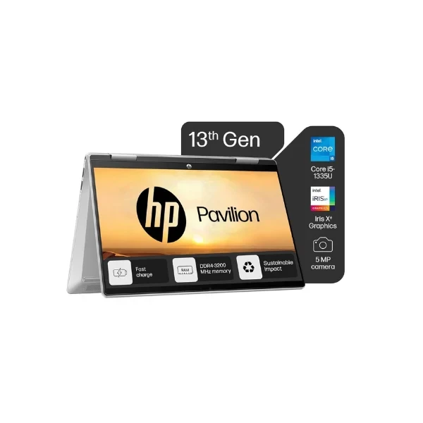 HP Pavilion x360, 13th Gen Intel Core i5-1335U (16GB DDR4, 512GB SSD) Touchscreen, 14"/35.6cm, FHD, Win 11, Office 21, Silver, 1.51kg, ek1074tu/1148tu, Iris Xe, FPR, 5MP Camera, Backlit KB Laptop