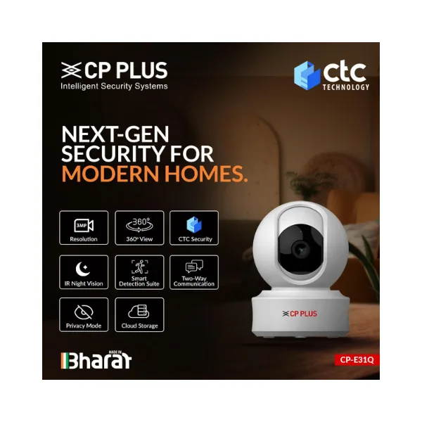CP PLUS 3MP Resolution Smart Wi-fi CCTV Home Security Camera | 360° View | Motion Tracking | 2-Way Talk | Cloud & SD Card Support | CTC Cyber Secure Tech | 15M Night Vision | CP-E31Q