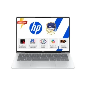 HP OmniBook 5 OLED (Previously Pavilion), Snapdragon X Processor (16GB LPDDR5x, 512GB SSD) 2K, 14''/35.6cm, Win11, M365 Basic(1yr)* Office24, Silver, 1.35kg, he0014QU, Light-Weight, Next-Gen AI Laptop