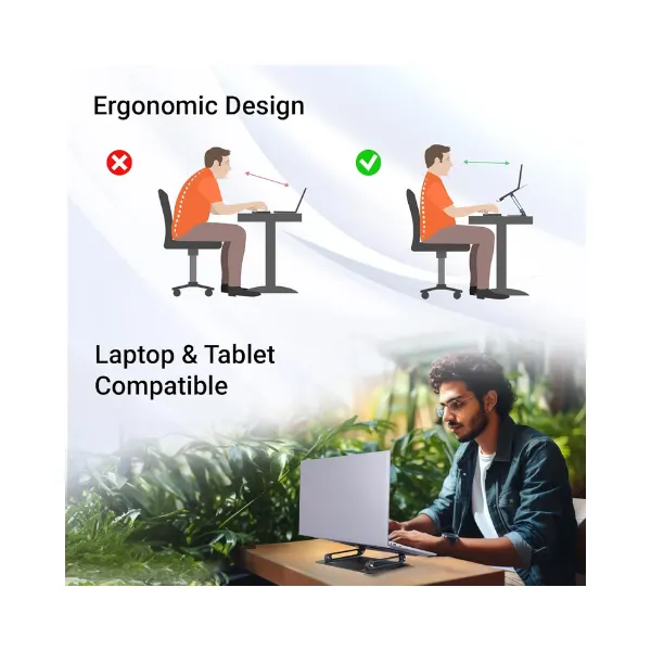 Zebronics NS3000 Portable Laptop & Tablet Stand Supports Upto 17” with Max. 5KG Support, Anti-Slip Silicone Pads, Foldable Design, Multi Angle Adjustment, Carbon Steel Body