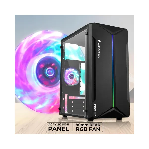 ZEBRONICS ZIUM Mid-Tower Gaming Cabinet, M-ATX/M-ITX, Fins focussed Multicolor Rear Fan, Multi Color LED Strip, Acrylic Glass Side Panel, USB 3.0, USB 2.0
