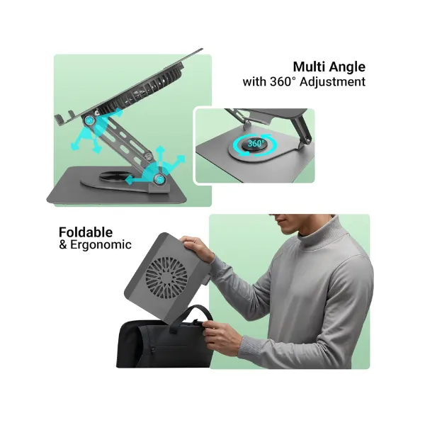 ZEBRONICS NS4000 PRO Rotatable Laptop Metal Stand, Upto 17 inch, 360° Fidget Rotation, Foldable, Multi Angle Adjustment, Type C Detachable RGB Magnetic Fan, Anti-Slip Silicone Pads, Carbon Steel Body