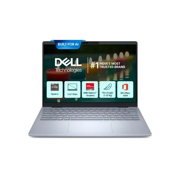 Dell DB14255, R5-340 AI Processor, 16GB LPDDR5X, 512GB SSD, FHD Plus 14"/35.56 cm, Win11+MSO 2024, Ice Blue, 1.52 Kg, 300 Nits IPS Display, AMD Radeon Graphics, Backlit+FPS Keyboard AI Powered Laptop