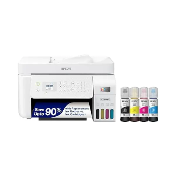 Epson EcoTank ET-4800 Wireless All-in-One Cartridge-Free Supertank Printer with Scanner, Copier, Fax, ADF and Ethernet – Ideal-for Your Home Office, White